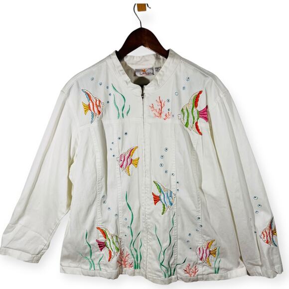 Quacker Factory Jacket Womens 2X Embroidered Tropical Fish Reef Zip Cotton White - Picture 3 of 14